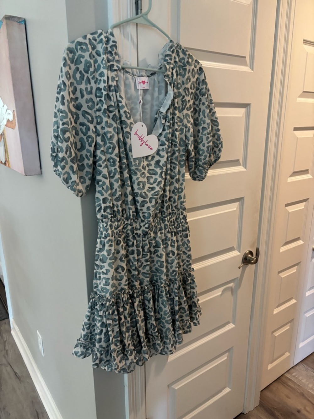 Buddy Love Sage Green Leopard Print Ruffled Dress